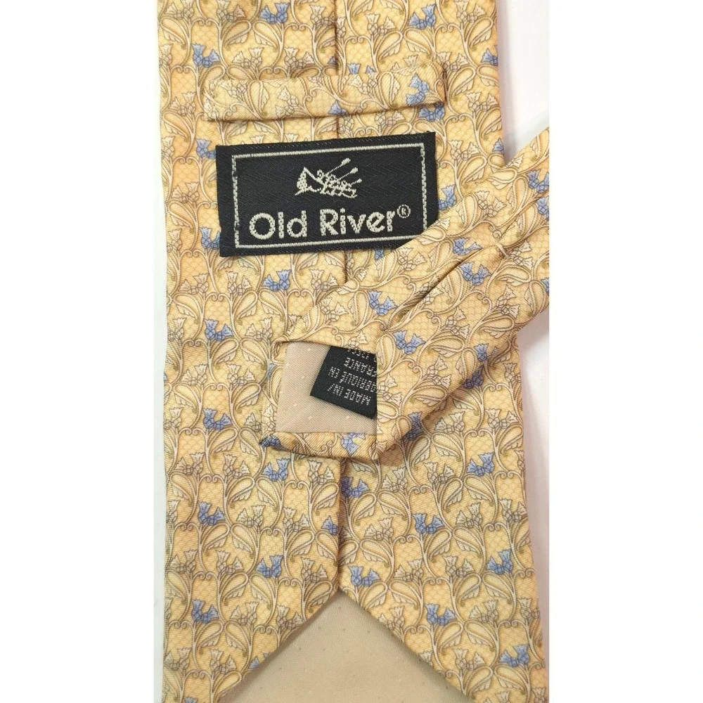 Old River Silk Tie Medieval Floral Pale Lemon Blue Made‎ France 60.2